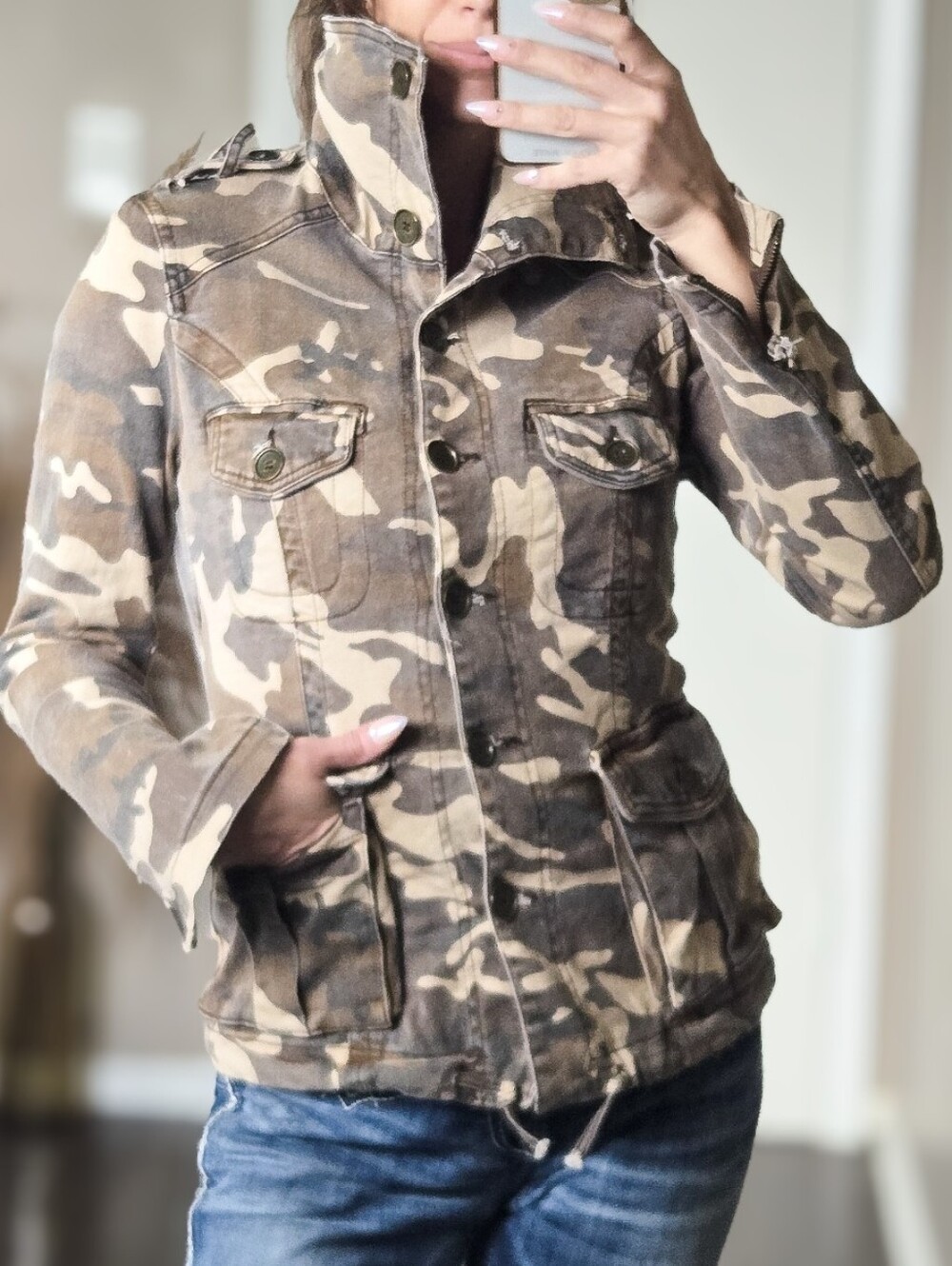Zara Trafaluc Camo Utility Jacket Medium Y2K Military Style Fitted Cargo Jacket